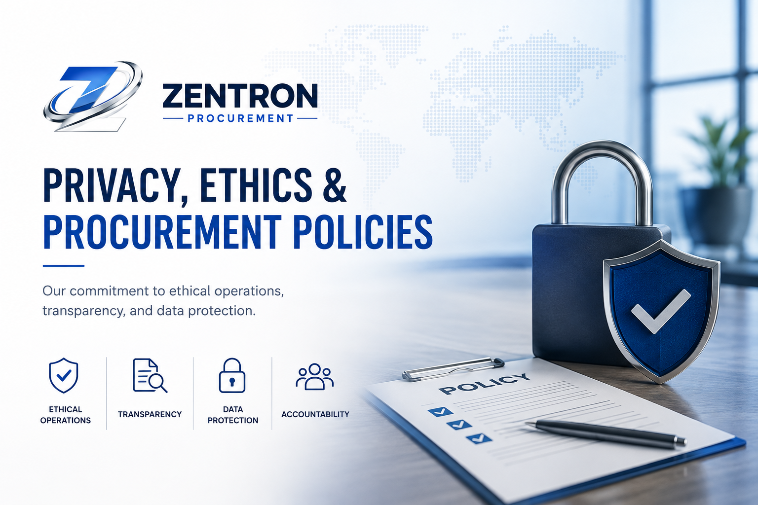 Zentron Procurement privacy, ethics and procurement policies graphic showing a padlock and policy checklist